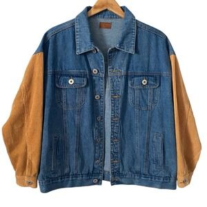 POL Come Together Denim Jacket Mustard Corduroy Sleeve Blue Trucker Women Sz Md